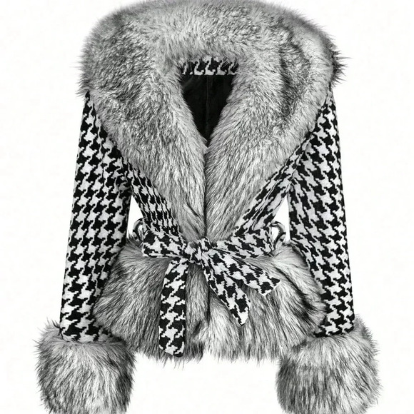 Black And White Casual Women's Faux Fur Trimmed Woolen Houndstooth Jacket - Picture 2 of 6